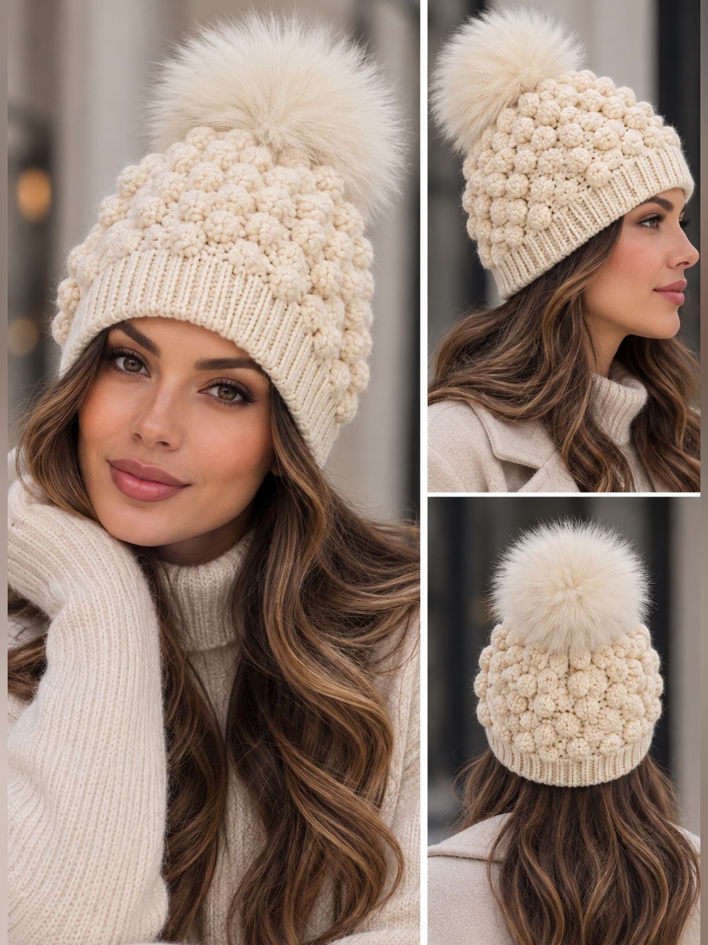 Club Monaco Cream Textured Knit Pom Pom Beanie Hat One Size